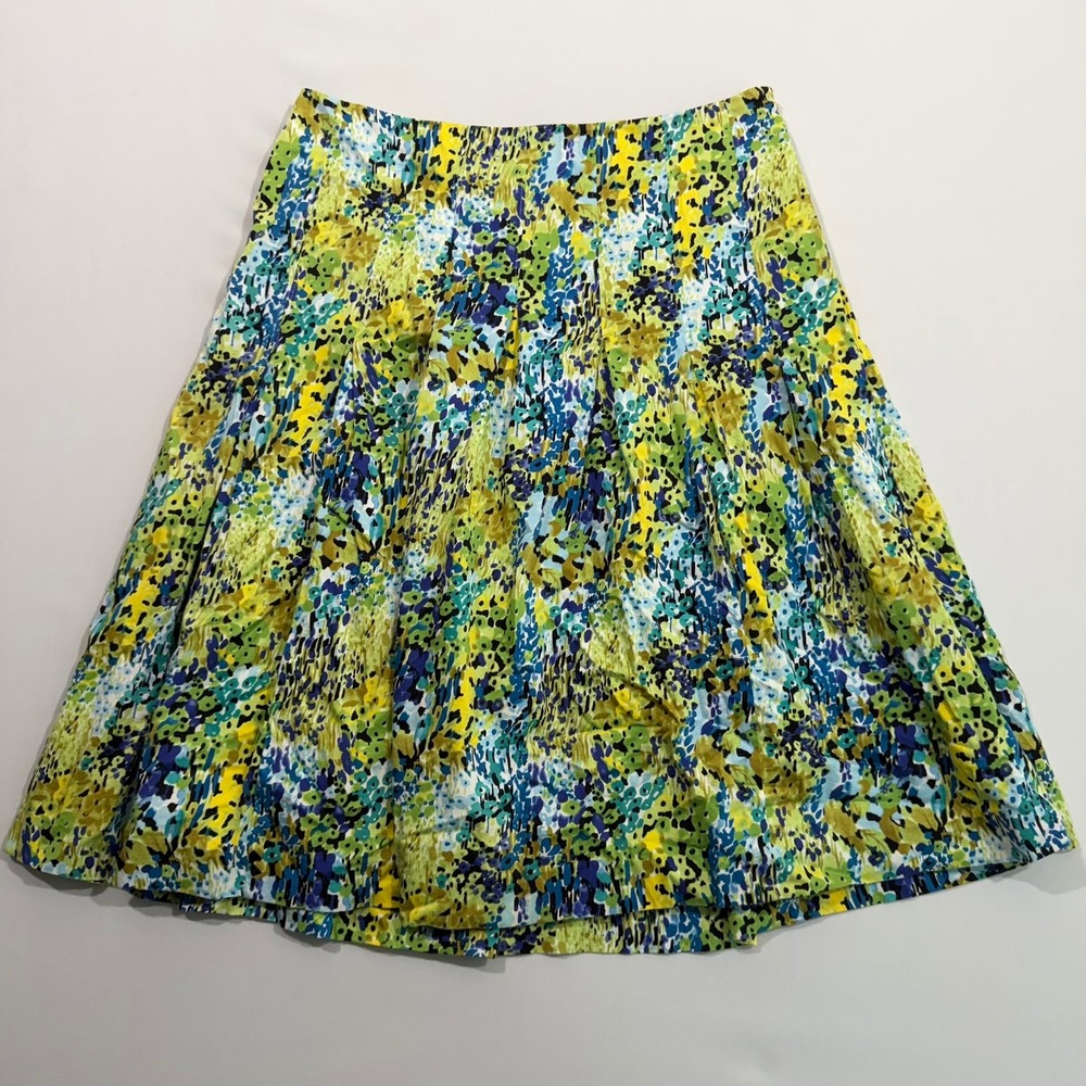 Talbots Skirt Women's 8 Green Blue Watercolor Abstract Pleated ALine Cotton